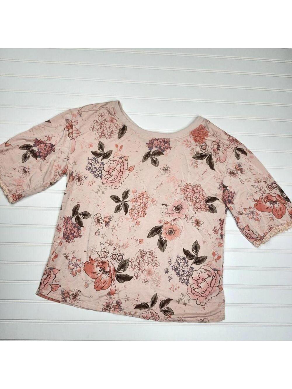Democracy Blush Floral Fringe Sleeve Top Small Boho Soft Knit